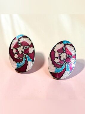 Floral Enamel Oval Stud Cloisonné Earrings in Magenta and Teal